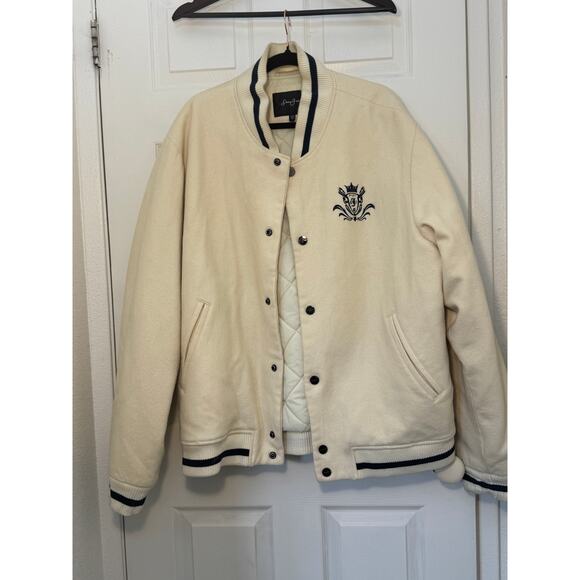 Sean John Men’s XXL Wool Varsity Bomber Jacket Cream Navy Crest - Picture 1 of 8